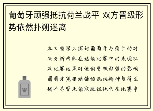 葡萄牙顽强抵抗荷兰战平 双方晋级形势依然扑朔迷离