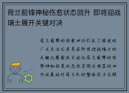 荷兰前锋神秘伤愈状态回升 即将迎战瑞士展开关键对决